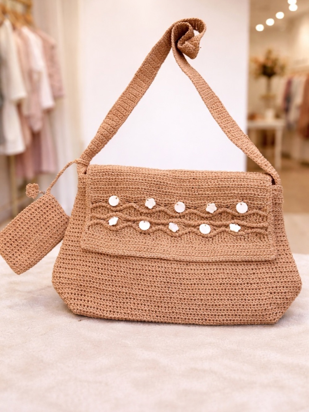 Boho Crochet Shoulder Bag Tan Handmade purse w/ shell detail + mini pouch.